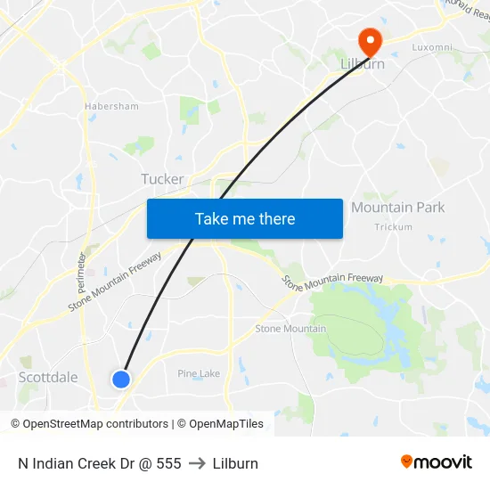 N Indian Creek Dr @ 555 to Lilburn map