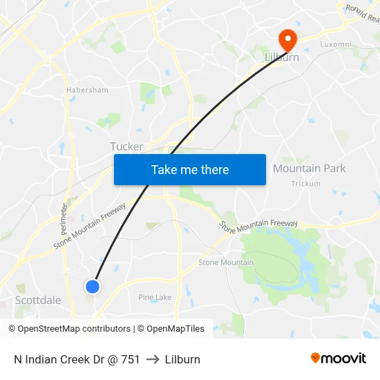 N Indian Creek Dr @ 751 to Lilburn map
