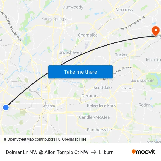 Delmar Ln NW @ Allen Temple Ct NW to Lilburn map