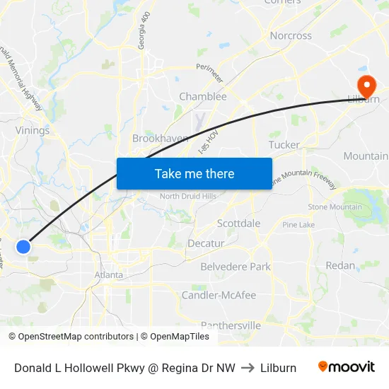 Donald L Hollowell Pkwy @ Regina Dr NW to Lilburn map