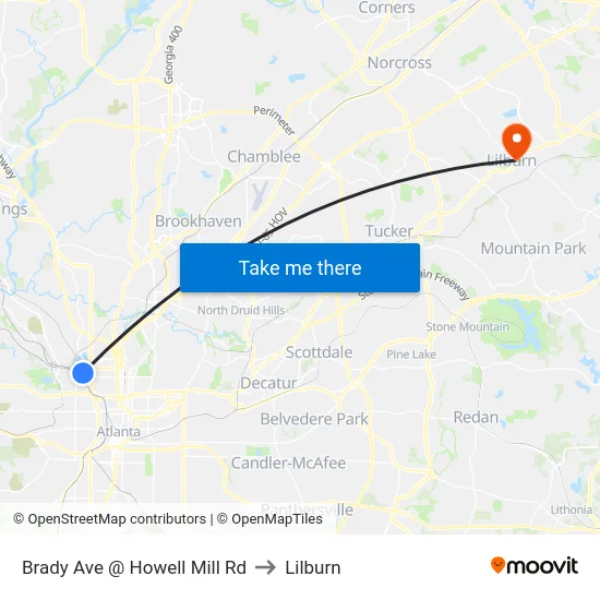 Brady Ave @ Howell Mill Rd to Lilburn map