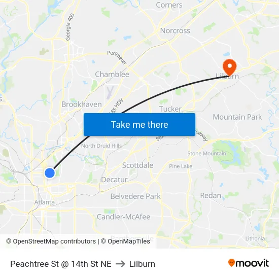 Peachtree St @ 14th St NE to Lilburn map