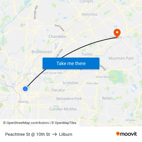 Peachtree St @ 10th St to Lilburn map