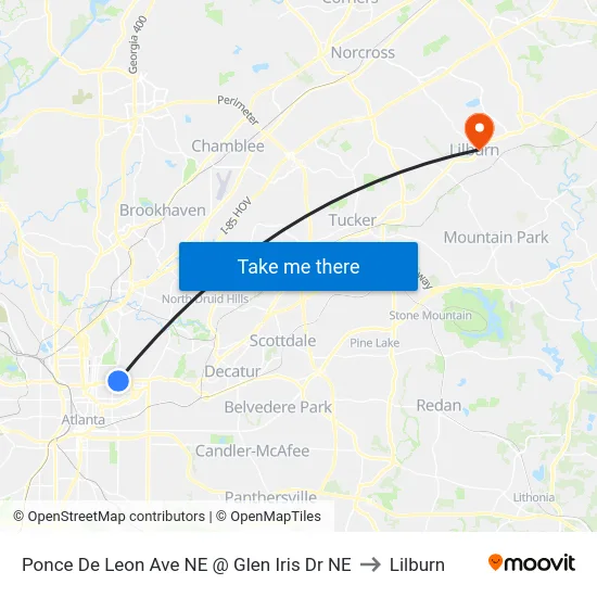Ponce De Leon Ave NE @ Glen Iris Dr NE to Lilburn map