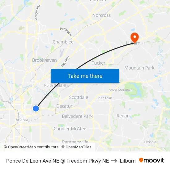 Ponce De Leon Ave NE @ Freedom Pkwy NE to Lilburn map