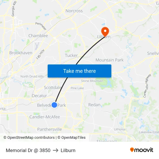 Memorial Dr @ 3850 to Lilburn map