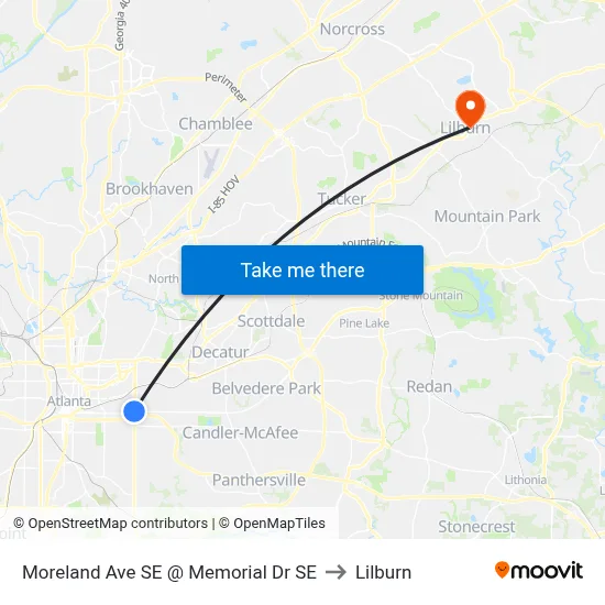 Moreland Ave SE @ Memorial Dr SE to Lilburn map