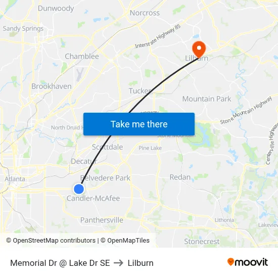 Memorial Dr @ Lake Dr SE to Lilburn map
