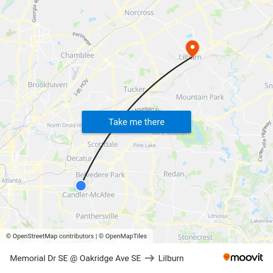 Memorial Dr SE @ Oakridge Ave SE to Lilburn map
