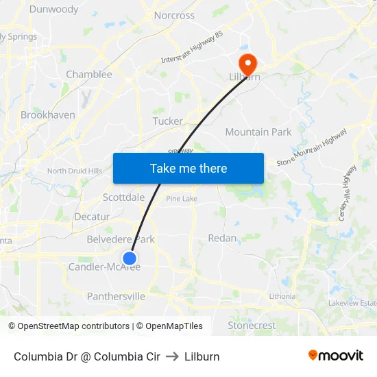 Columbia Dr @ Columbia Cir to Lilburn map