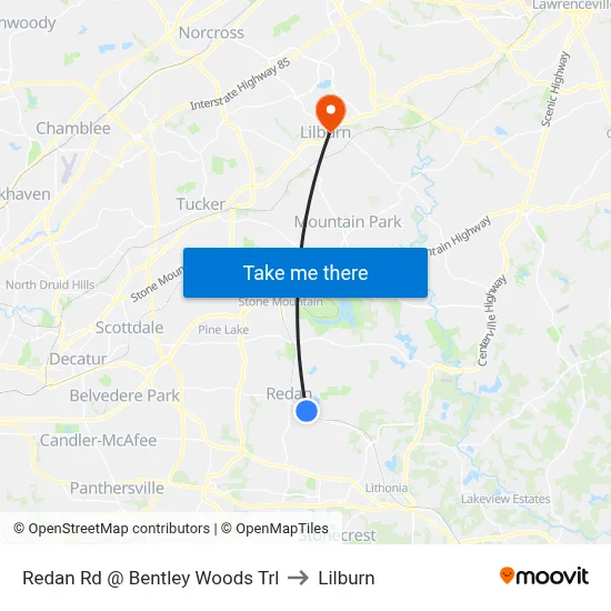 Redan Rd @ Bentley Woods Trl to Lilburn map