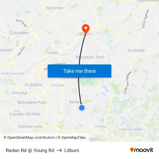 Redan Rd @ Young Rd to Lilburn map