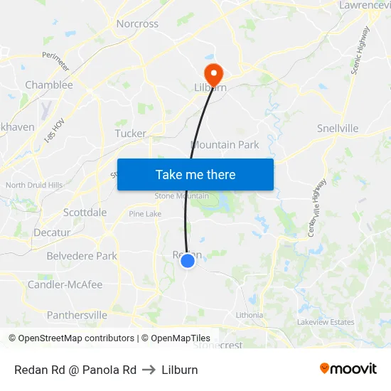 Redan Rd @ Panola Rd to Lilburn map