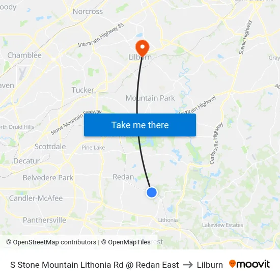 S Stone Mountain Lithonia Rd @ Redan East to Lilburn map