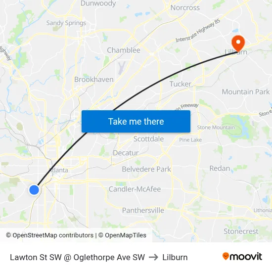 Lawton St SW @ Oglethorpe Ave SW to Lilburn map