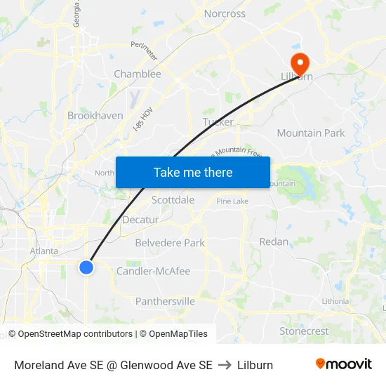 Moreland Ave SE @ Glenwood Ave SE to Lilburn map