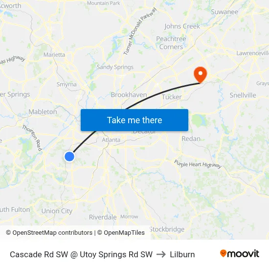 Cascade Rd SW @ Utoy Springs Rd SW to Lilburn map