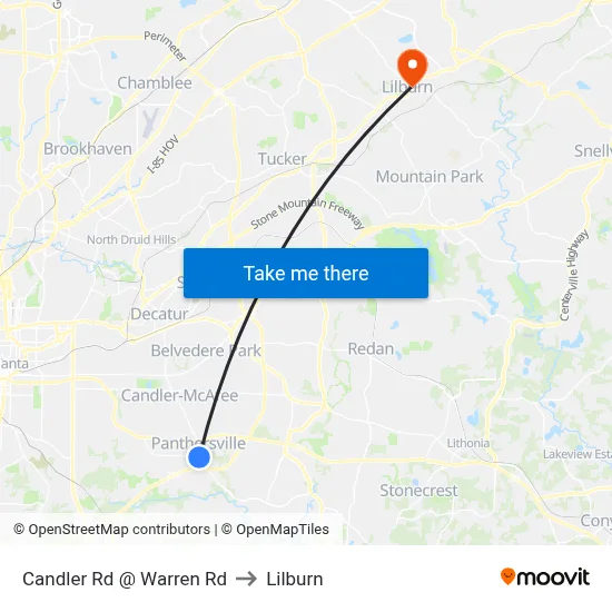 Candler Rd @ Warren Rd to Lilburn map