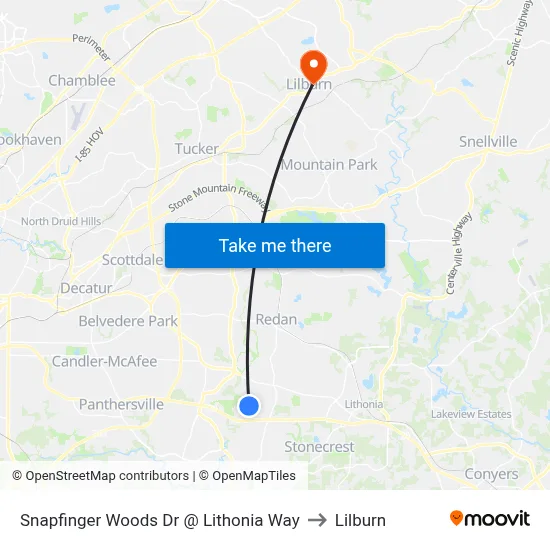 Snapfinger Woods Dr @ Lithonia Way to Lilburn map