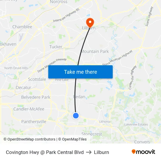Covington Hwy @ Park Central Blvd to Lilburn map