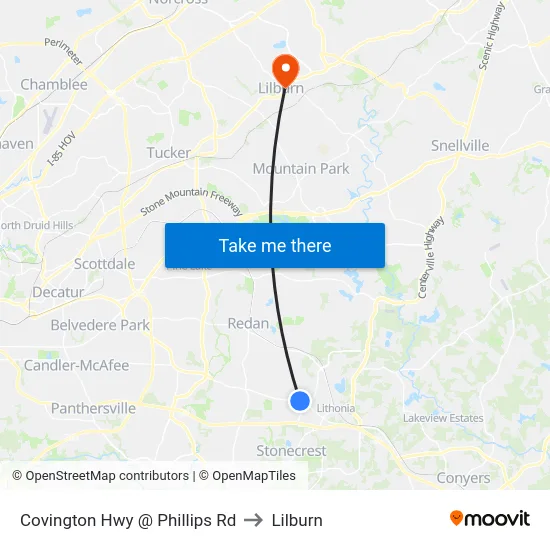 Covington Hwy @ Phillips Rd to Lilburn map
