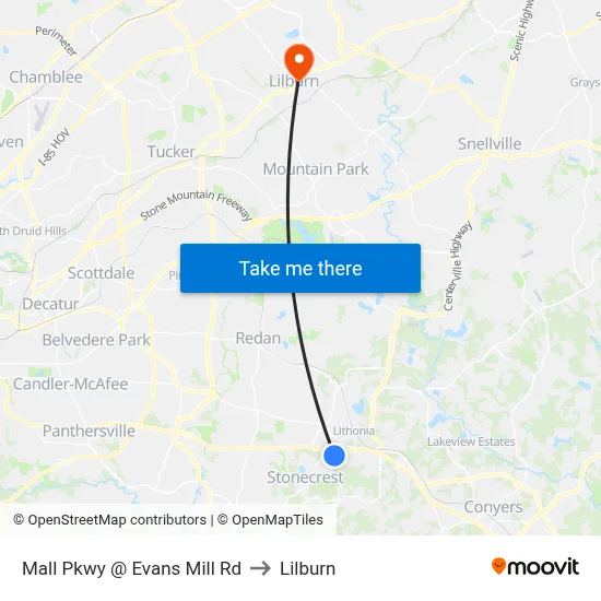 Mall Pkwy @ Evans Mill Rd to Lilburn map