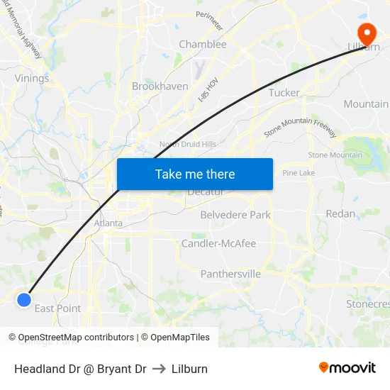 Headland Dr @ Bryant Dr to Lilburn map