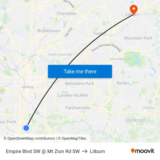 Empire Blvd SW @ Mt Zion Rd SW to Lilburn map