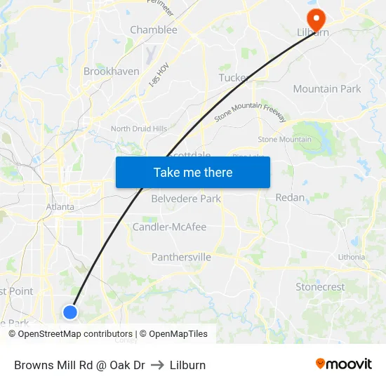 Browns Mill Rd @ Oak Dr to Lilburn map