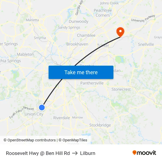 Roosevelt Hwy @ Ben Hill Rd to Lilburn map