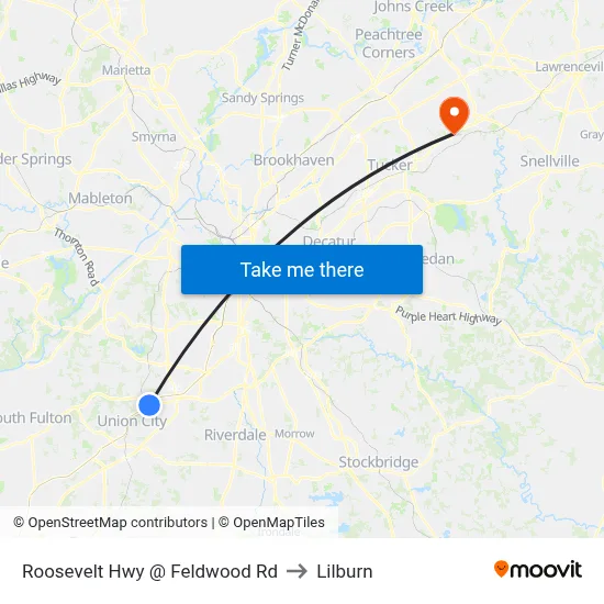 Roosevelt Hwy @ Feldwood Rd to Lilburn map