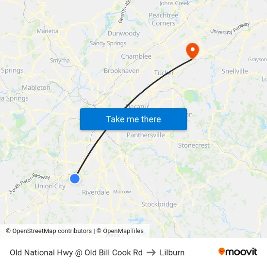 Old National Hwy @ Old Bill Cook Rd to Lilburn map