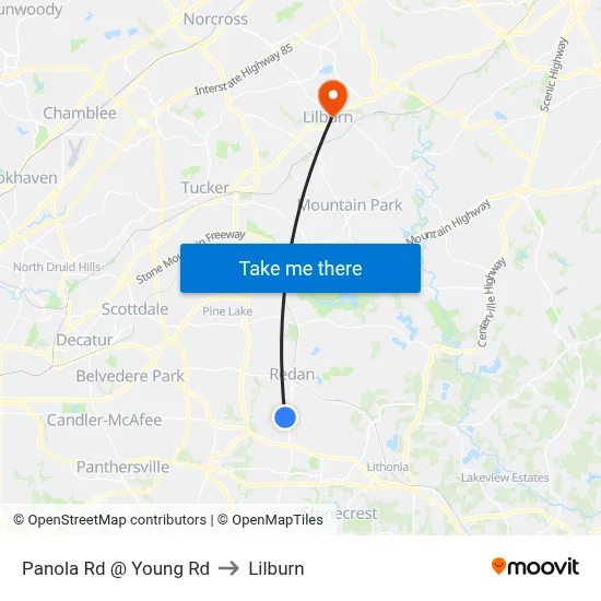 Panola Rd @ Young Rd to Lilburn map