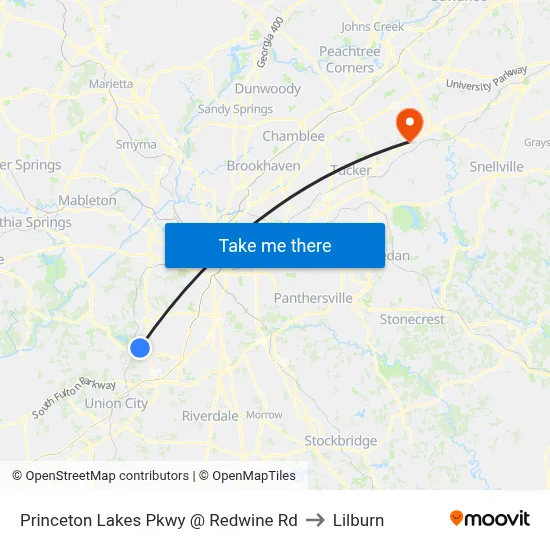 Princeton Lakes Pkwy @ Redwine Rd to Lilburn map