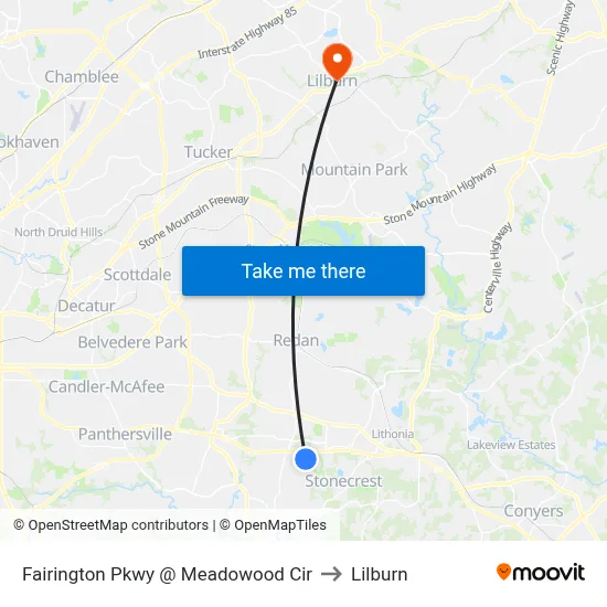 Fairington Pkwy @ Meadowood Cir to Lilburn map