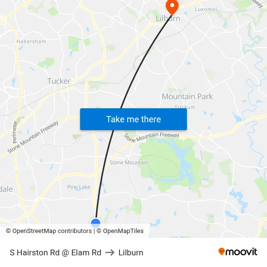 S Hairston Rd @ Elam Rd to Lilburn map
