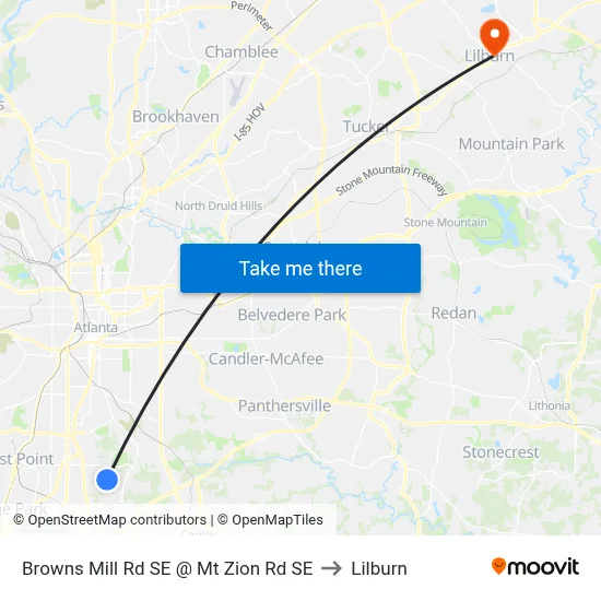 Browns Mill Rd SE @ Mt Zion Rd SE to Lilburn map