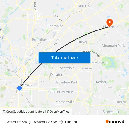 Peters St SW @ Walker St SW to Lilburn map