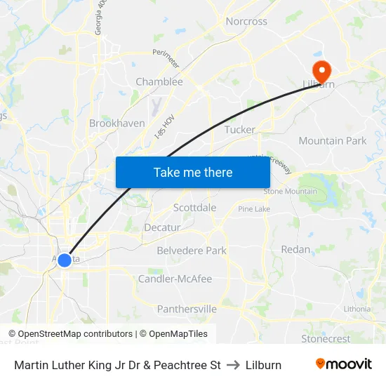 Martin Luther King Jr Dr & Peachtree St to Lilburn map