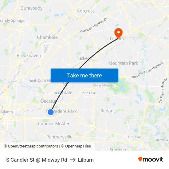 S Candler St @ Midway Rd to Lilburn map