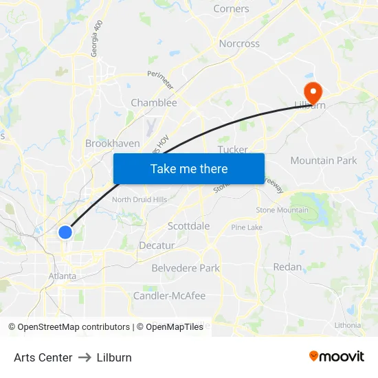 Arts Center to Lilburn map
