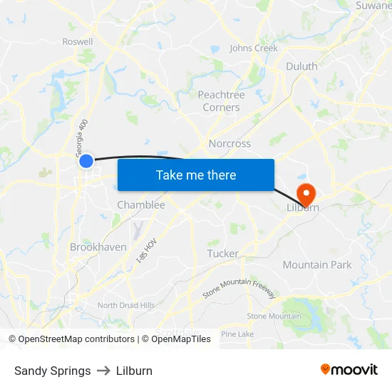 Sandy Springs to Lilburn map