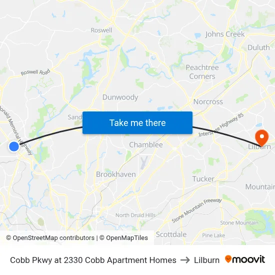 Cobb Pkwy at 2330 Cobb Apartment Homes to Lilburn map