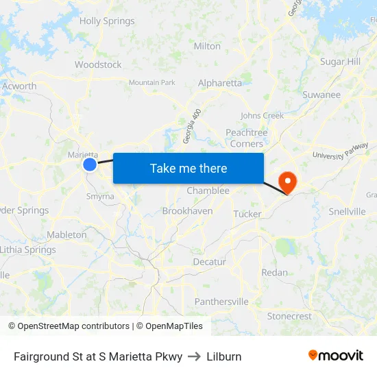 Fairground St at S Marietta Pkwy to Lilburn map