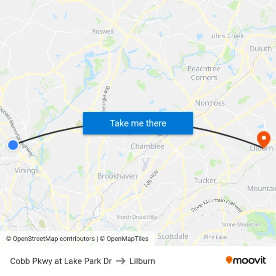 Cobb Pkwy at Lake Park Dr to Lilburn map
