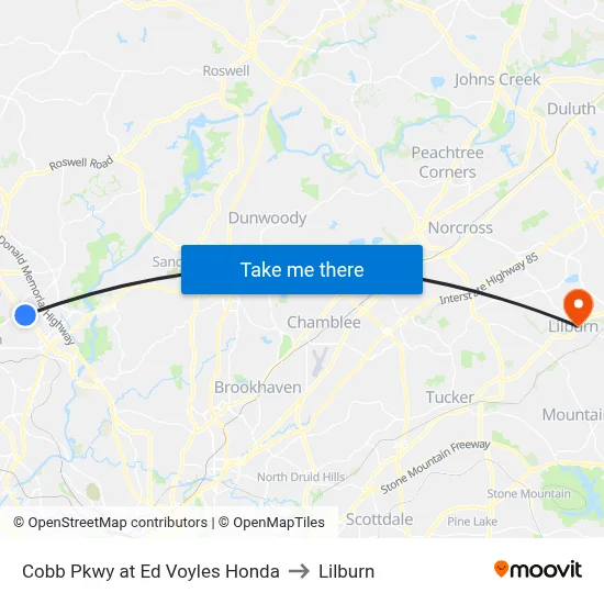 Cobb Pkwy at Ed Voyles Honda to Lilburn map