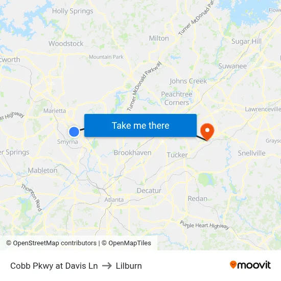 Cobb Pkwy at Davis Ln to Lilburn map