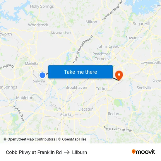 Cobb Pkwy at Franklin Rd to Lilburn map