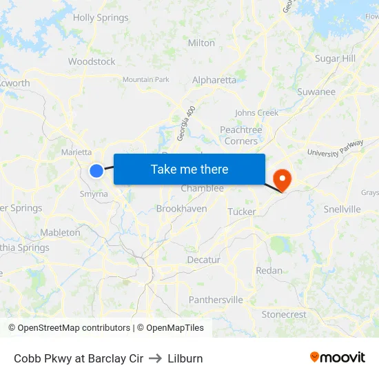 Cobb Pkwy at Barclay Cir to Lilburn map