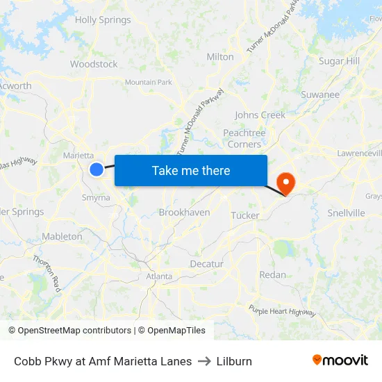 Cobb Pkwy at Amf Marietta Lanes to Lilburn map